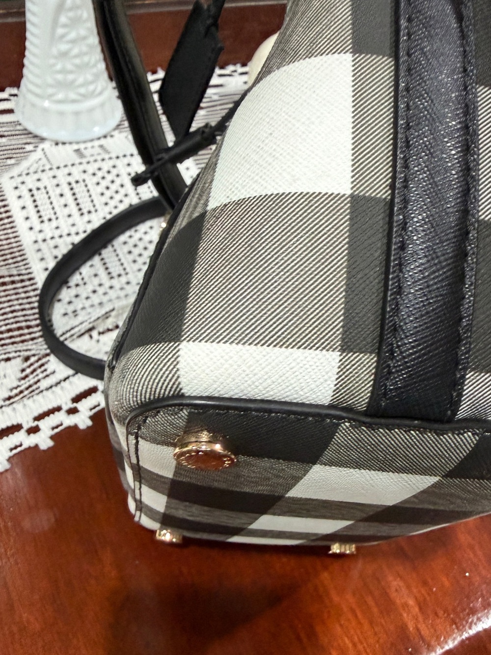 Michael Kors Black & White Gingham Drawstring Bucket Bag - Picture 13 of 16